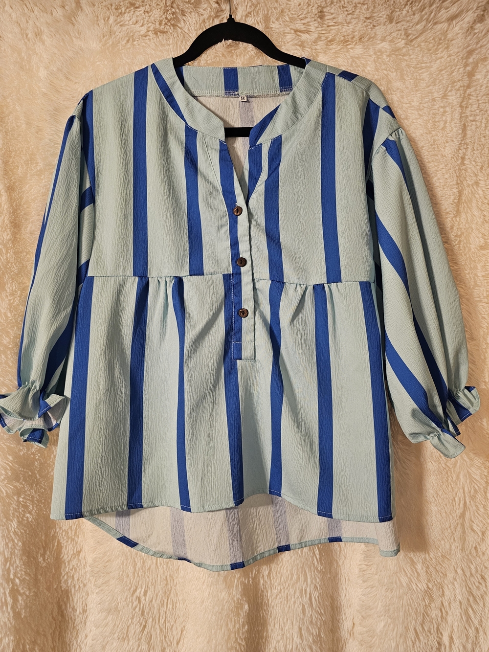 Amazon Women’s Blue Stripe Button Front Peasant Top